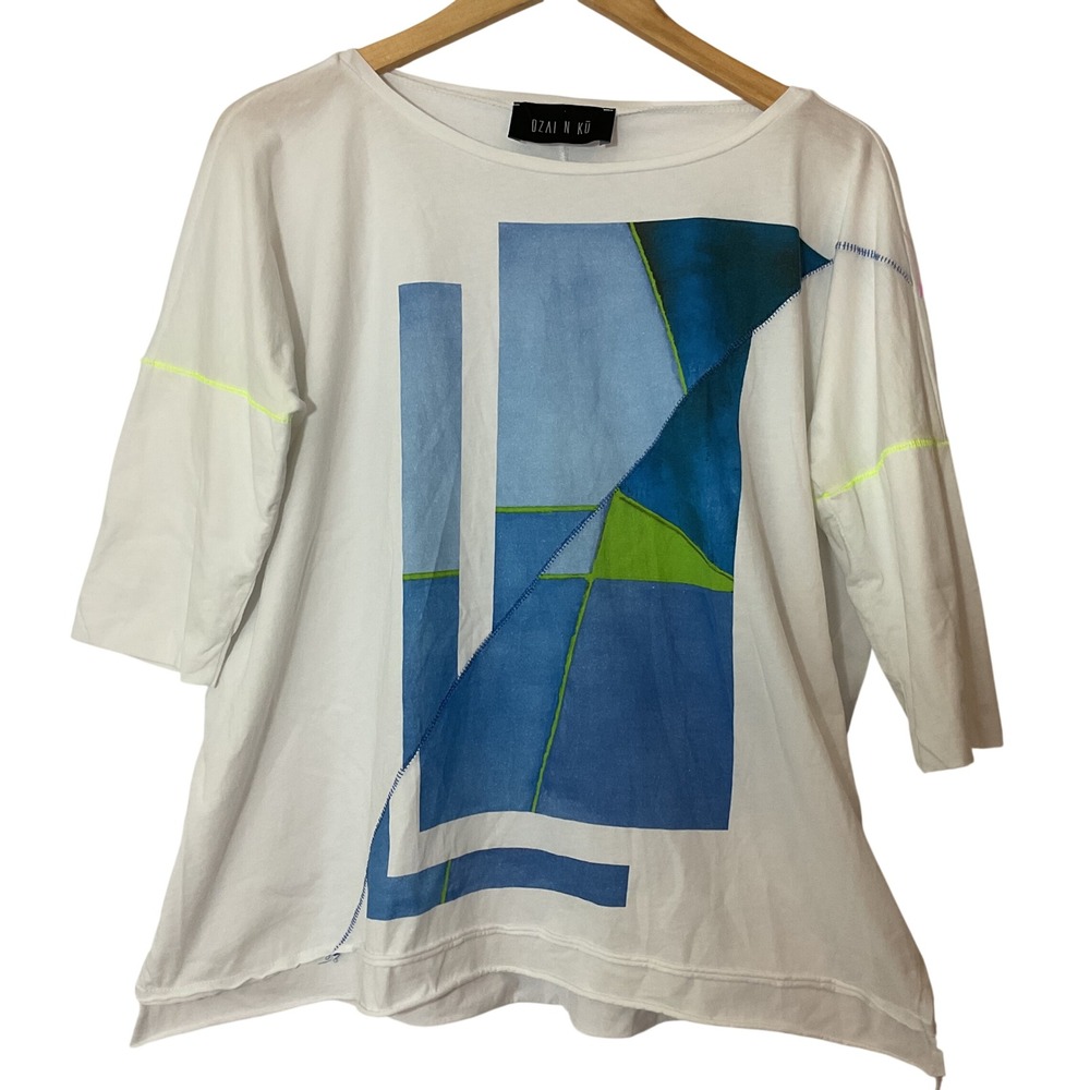 Ozai N Ku Women White Abstract Geometric 3/4 Sleeve Cotton Modern Top S Artistic